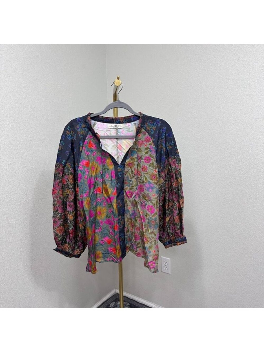 Natural Life Drawn Garden Multi Floral Patchwork Fallon Blouse Top Womens Large